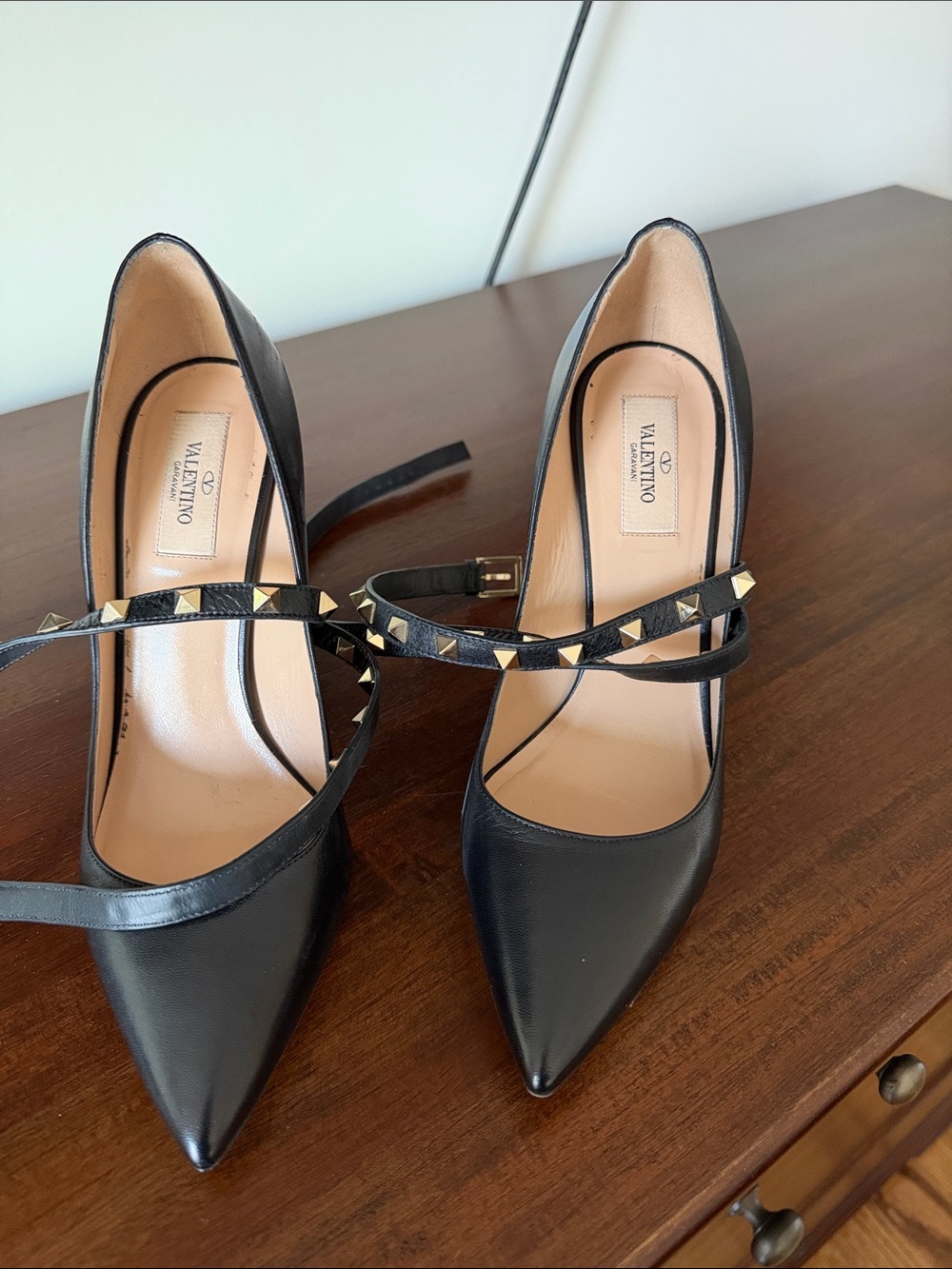 Valentino Black Leather Pointed Rockstud Ankle-Strap Pumps